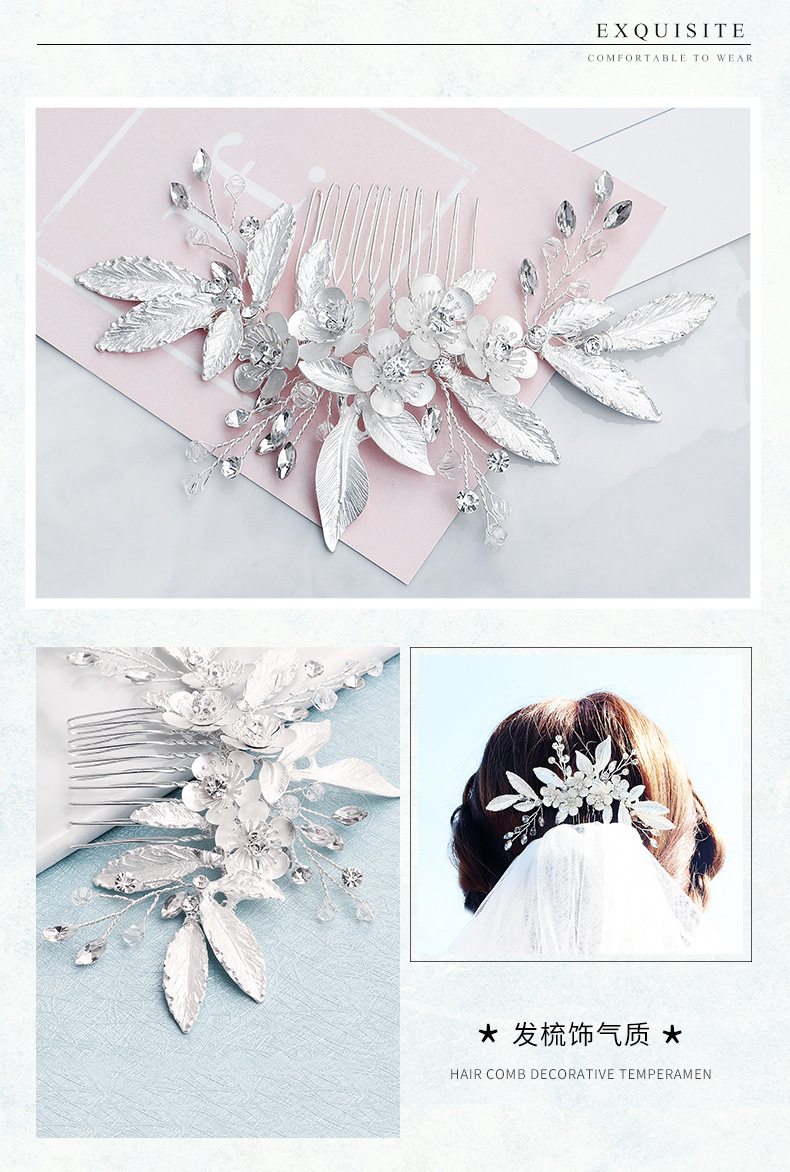 Fashion crystal flower hair comb alloy leaf diamond insert comb wholesale