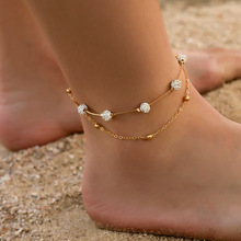 欧美时尚双层脚链 香巴拉钻球水晶脚链女式 多层简约双层沙滩脚饰