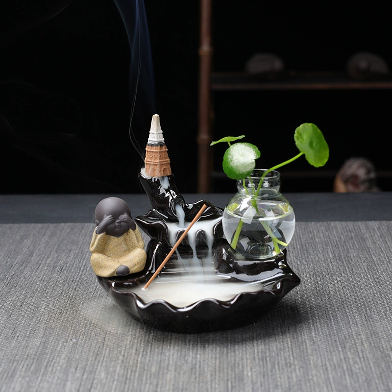  ceramic backflow incense burner (zisha) with xiao monk, flowing water design, home & office