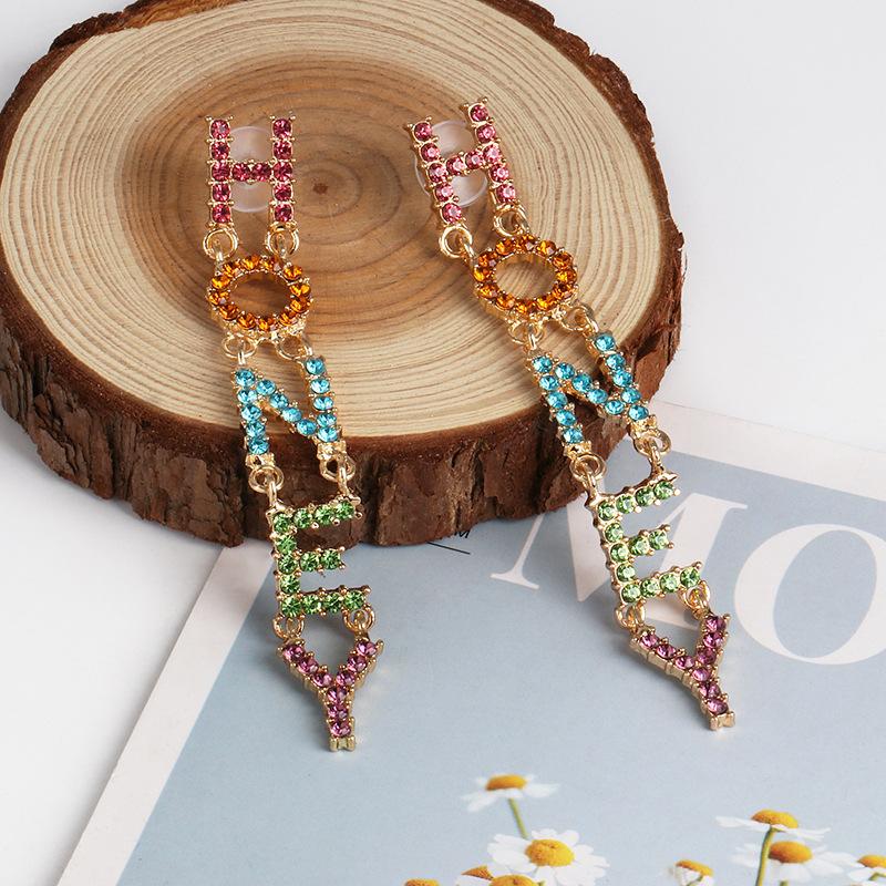 New Colorful Letters Hozey Diamond Earrings display picture 2