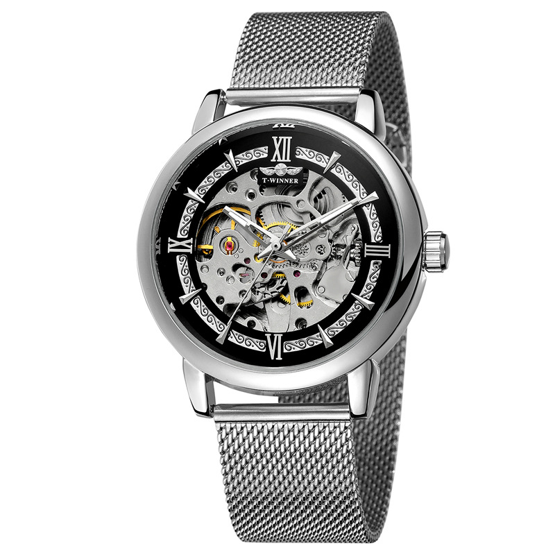 Ganador reloj mecánico automático de los hombres moda hueco transparente Fondo volante Acero inoxidable malla cinturón reloj mecánico B099