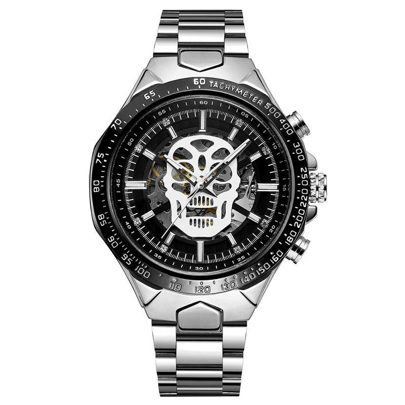 Forsining Fusini hombres de moda correa de acero reloj mecánico automático cráneo luminoso reloj impermeable 432