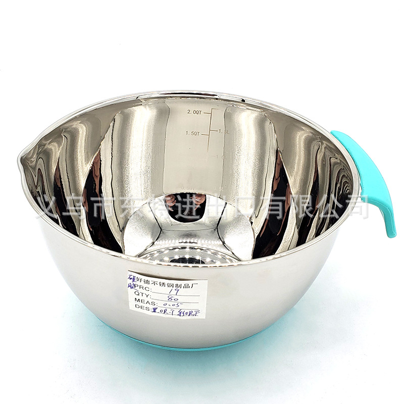 Factory direct sales stainless steel salad basin, high-quality stainless steel silicone handle basin, salad bowl with scale, anti-slip baking detail image 5