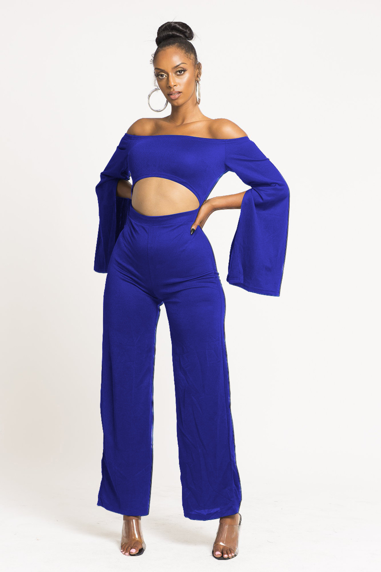 Boutique Casual Solid Color Long Sleeves Cropped off Shoulder Jumpsuit