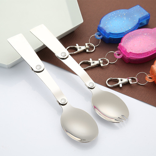 Outdoor portable tableware 304 stainless steel folding spoon Creative foldable fork and spoon dual-purpose three-fold spoon box