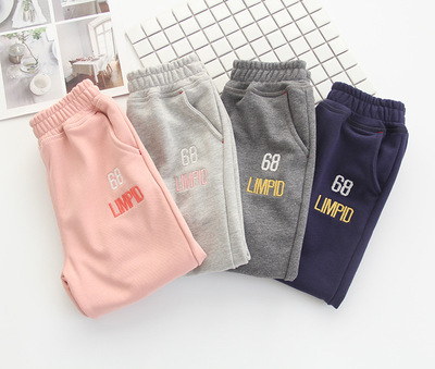 9011自营款 68字母刺绣 毛圈运动裤 男女童春款童裤批发 长裤