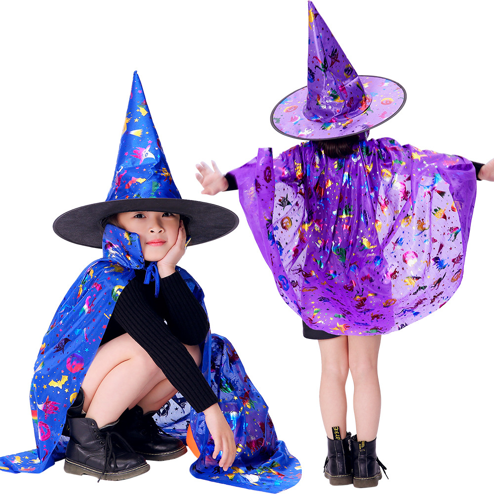 Nuevo capas de Halloween para niños cosplay magia bruja sombrero capas de jardín de infantes espectáculo vestuario
