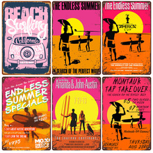 2024新款夏天海滩复古铁皮画 beach海边冲浪酒吧背景墙家居装饰画