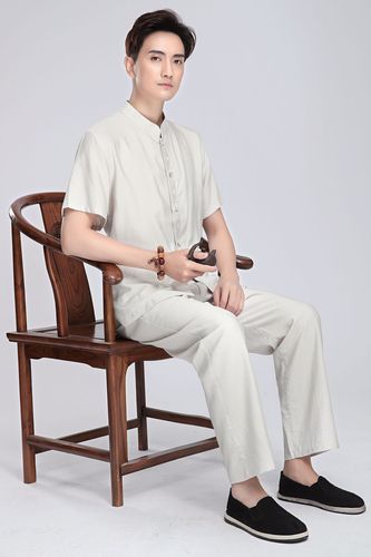 Chinese tang suit shirt for male style linen Tang suit men Short Sleeve 