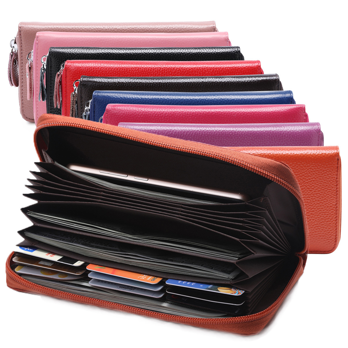 165g Weight Polyester Lining Material Zipper Closure Type Business, Travel Occasion Leather Material Solid Color Pattern Unisex Gender Fashion Style Square Shape Coffee, Pink, Purple, Red, Blue, Black Color Anti-rfid Creative Men's And Women's Leather Long Wallets Multi-function Zipper Wallet 无