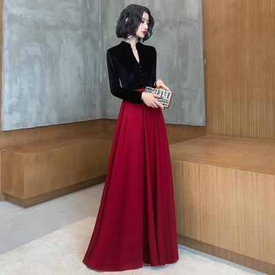 敬酒服新娘2019新款秋冬酒红色长袖显瘦答谢宴晚礼服宴会连衣裙女|ms