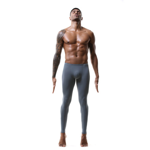 Men's tight elastic ice silk U-convex sexy long leggings men's thin silky translucent trousers home pants