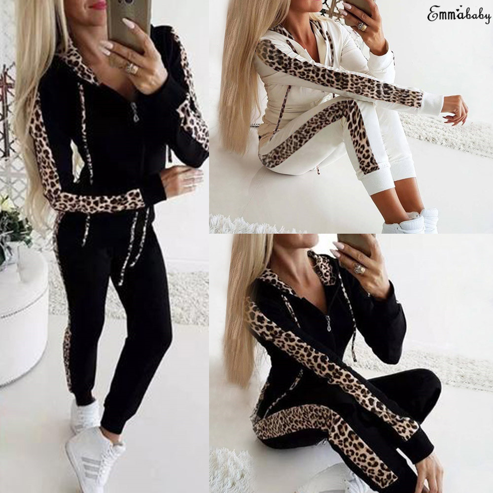 2020 cross border fast selling popular European and American women's leopard print hooded zipper long sleeve pants sports suit women
