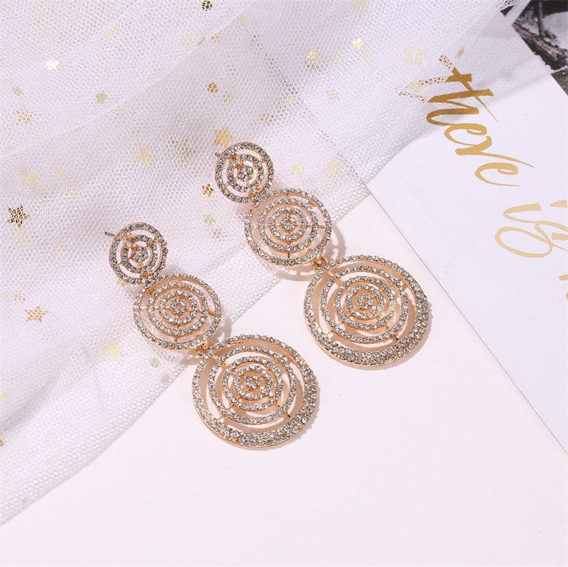 Wholesale New Earrings Exaggerated Full Diamond Multilayer Circle Earrings Female Long Round Hollow Earrings display picture 5