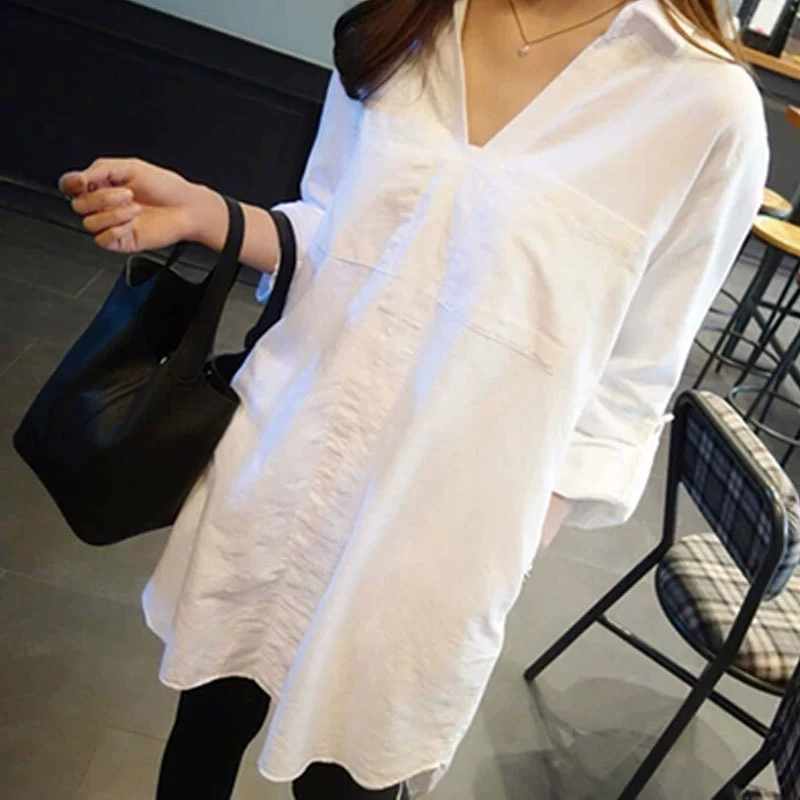 Новинка весны 2019, свободная рубашка средней длины большого размера в Корейском стиле, Женская белая рубашка с длинным рукавом и V-образным вырезом, повседневная универсальная рубашка