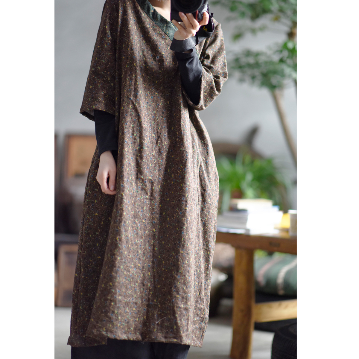 1903/半夏 棉麻 春秋装新印花棉布撞色简约复古长款连衣裙