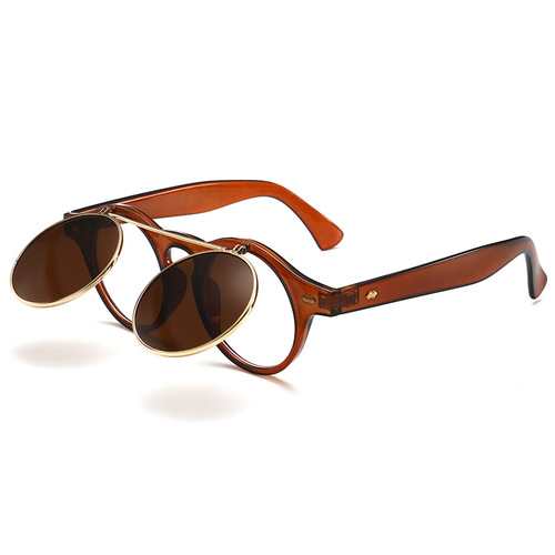 Retro Flip Sunglasses 8008 Punk Steam Round Double Layer Sunglasses European and American Trendy Sunglasses Manufacturer Wholesale