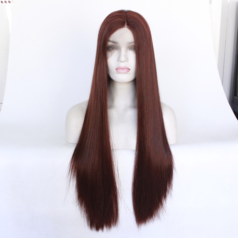 A generation of wine red high temperature silk wig manufacturers supply silkstraight chemical fiber front lace headgear