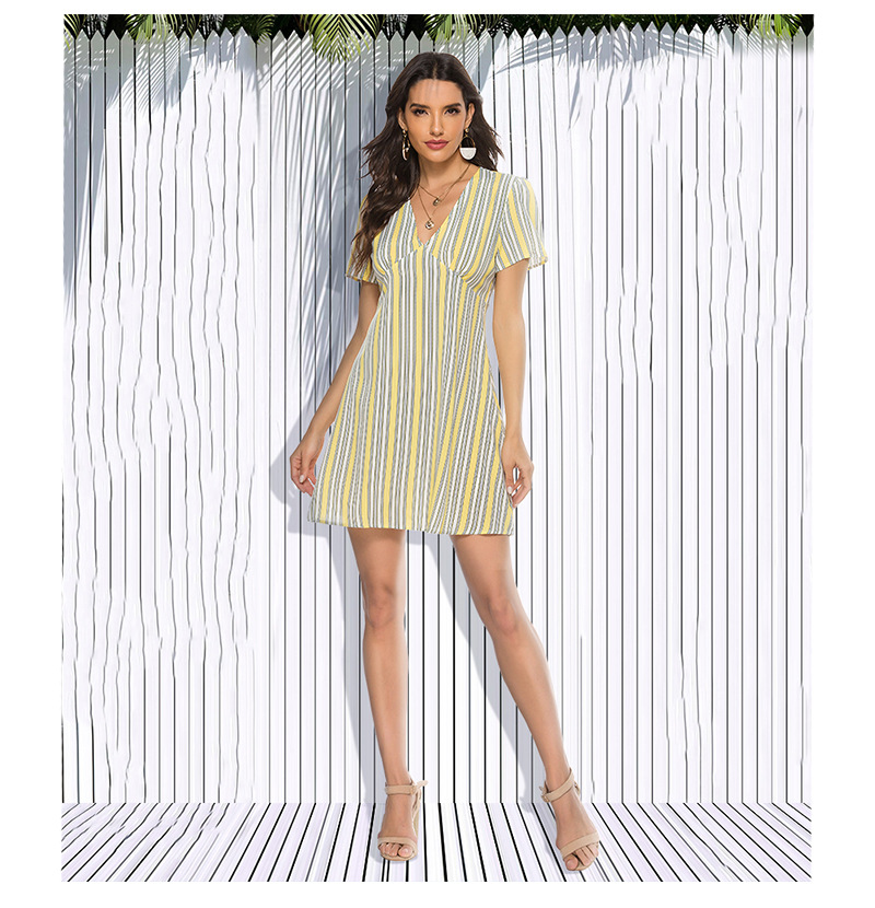 Summer New Lemon Yellow Striped Sexy V-neck Short Sleeve Dress  NSJR30281