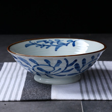 藍彩日式釉下湯碗面碗拉面碗高腳橫紋碗陶瓷面碗家用餐具日式湯碗