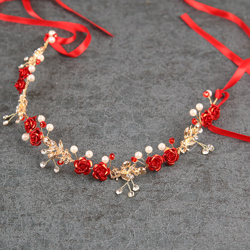 Bride's drinking service head accessory red hair ribbon Mori Kei fairy beauty hair accessories wedding ultra-fairy hairband dress accessory wreath