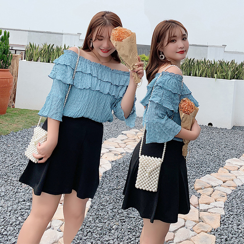 女装韩版早秋时尚大码微胖mm一字领洋气遮肚子心机荷叶袖上衣627|ru