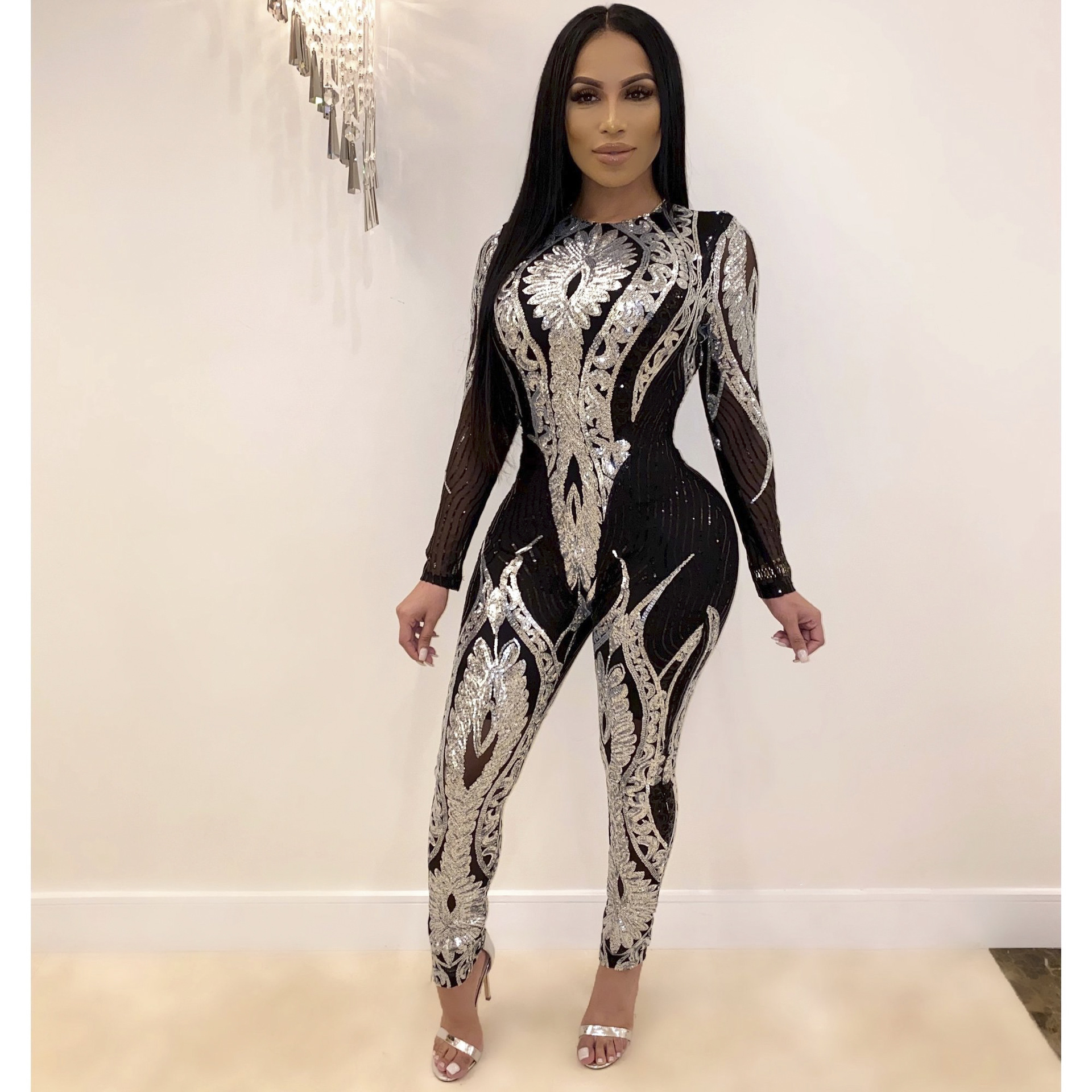 Sequined Long-Sleeved See-Through Jumpsuit NSCYF73118