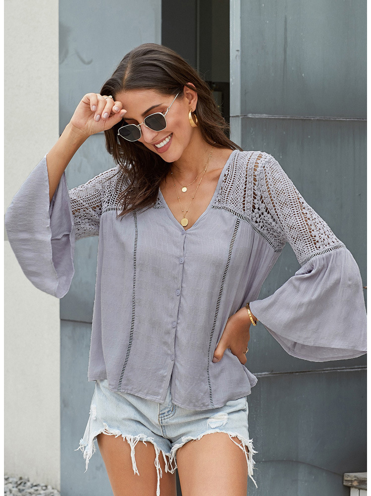 women s V-neck long-sleeved crochet printing loose single-breasted shirt nihaostyles clothing wholesale NSQSY78352