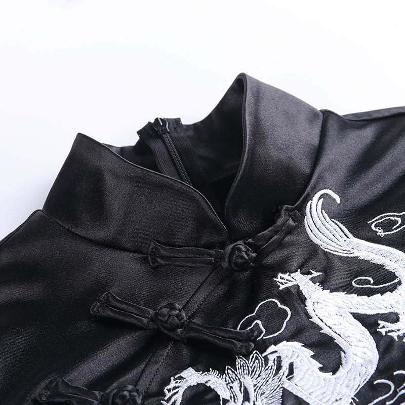 Retro Dark Style Dragon Embroidered Slit Cheongsam Dress NSGYB99081
