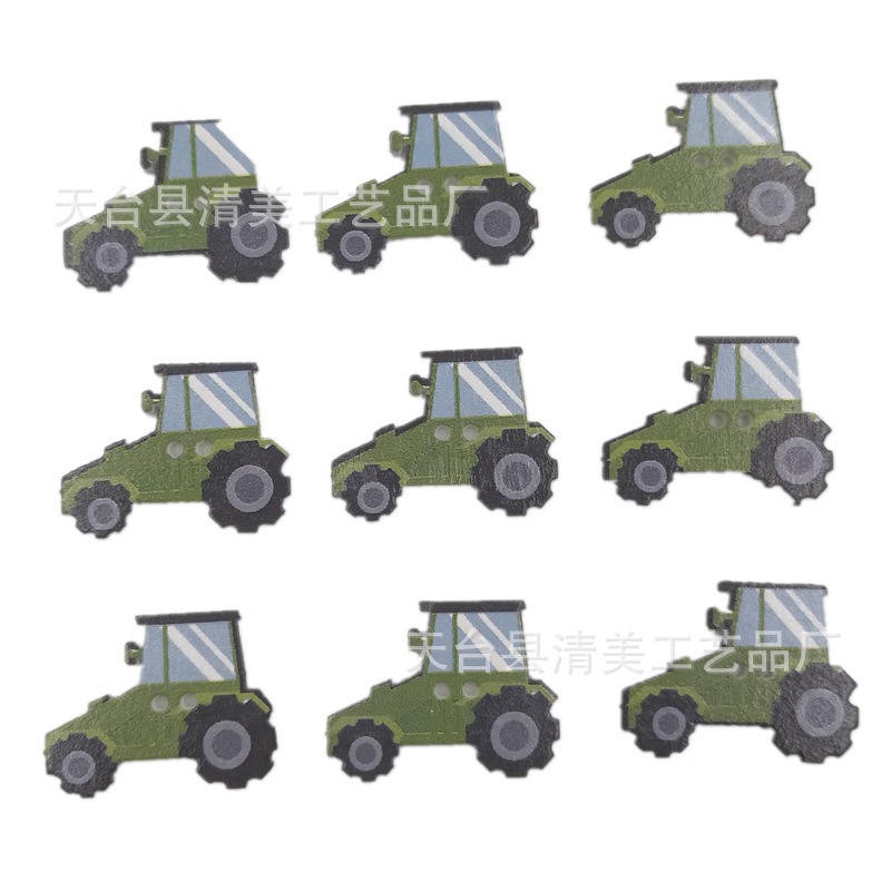 Tractor de dibujos animados pintado sobre fondo blanco, vehículo, botón de tractor de dibujos animados de madera, 50 piezas por paquete