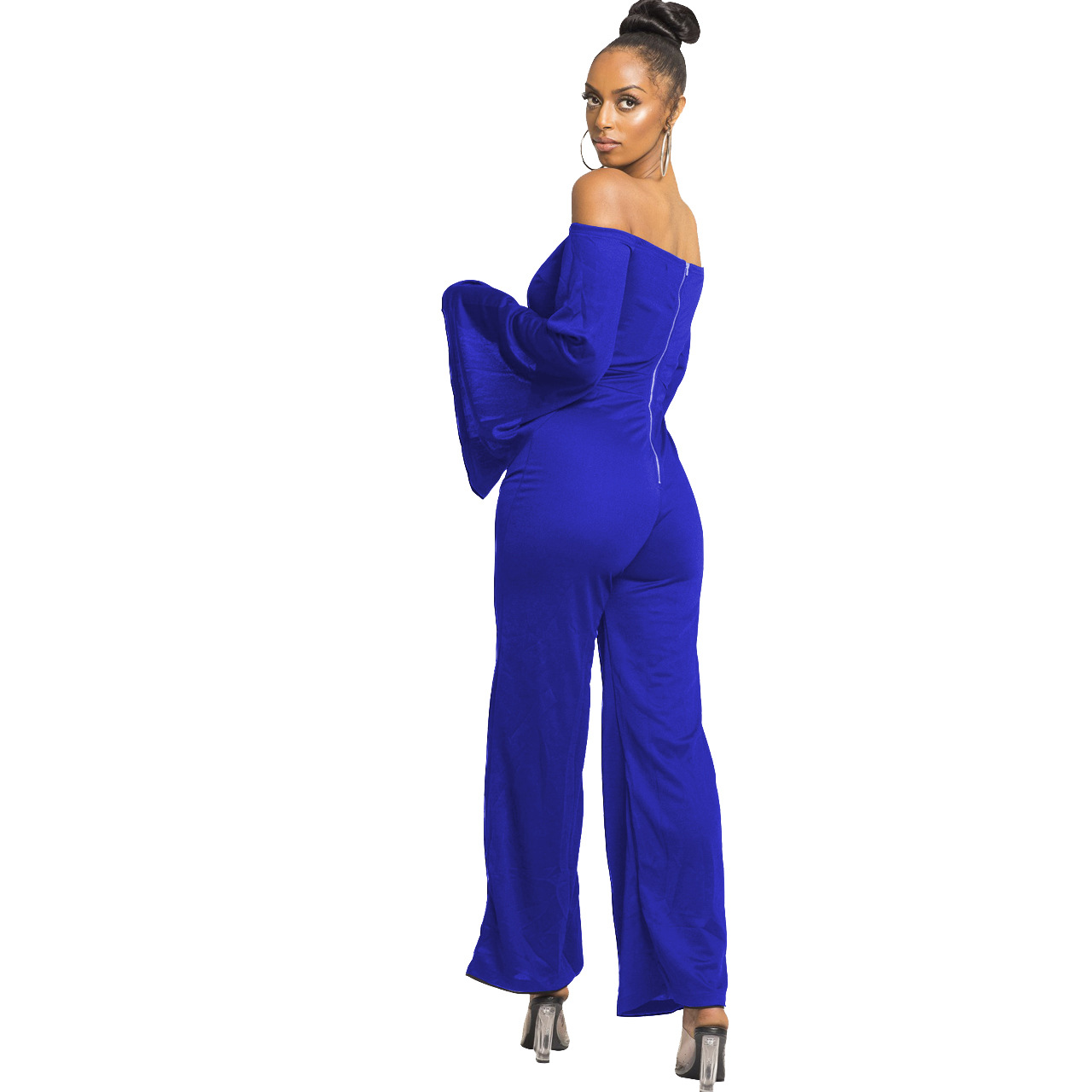 Boutique Casual Solid Color Long Sleeves Cropped off Shoulder Jumpsuit