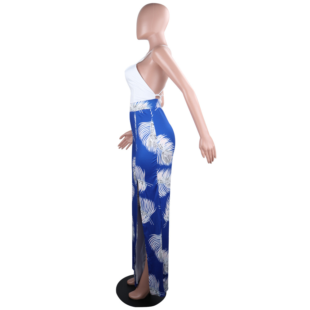 Boutique Sling Backless Slit Leaf Printed Jumpsuit