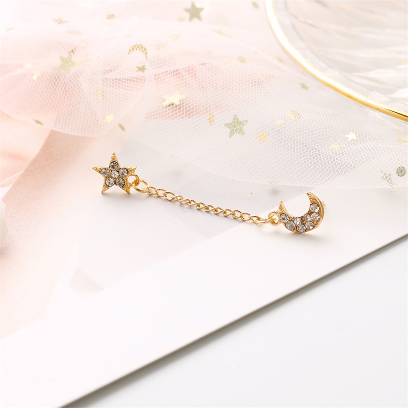 Star Moon Full Diamond Chain Earrings Single Ear Double Hole Stud Earrings display picture 2