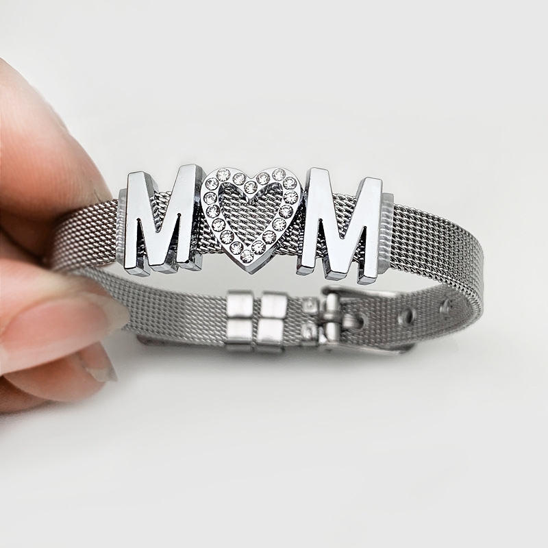 Mama Letter Stainless Steel Inlay Rhinestones Bracelets display picture 6