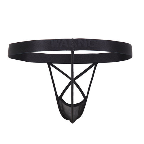 Foreign trade supply love underwear for men, European and American sexy single thong with hollow back, imitation leather mesh men's thong t-pants