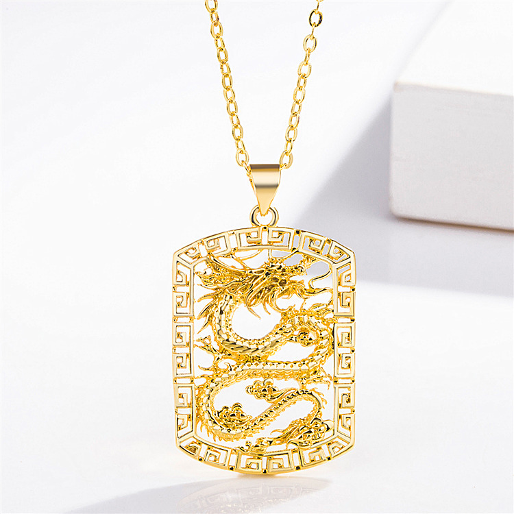 镀金项链 霸气男士龙牌吊坠项链 镀18K金仿黄金长城纹挂坠首饰