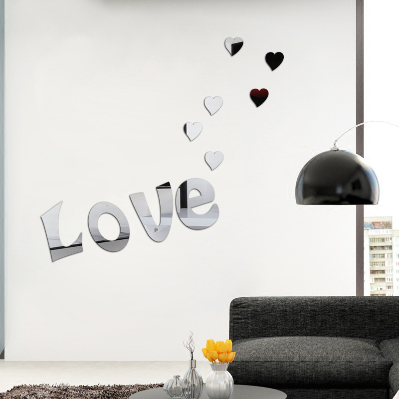 Decorazione per la casa in acrilico, adesivo da parete con specchio a forma di cuore LOVE 3D stereo, vendita diretta in fabbrica_voghion.com