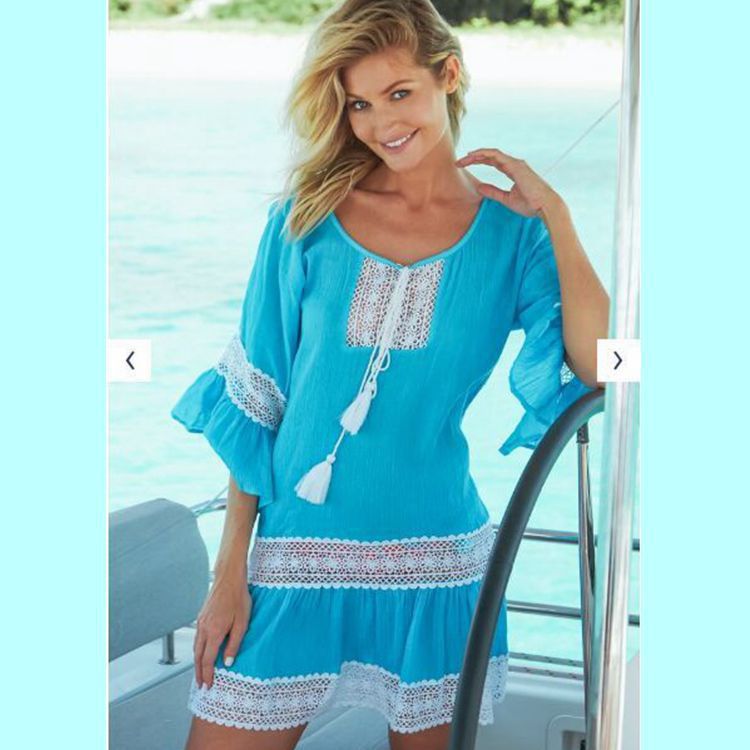 欧美竹节布外贸爆款花边抽绳喇叭袖沙滩裙比基尼罩衫海边度假