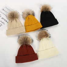 韓版女士冬季時尚針織帽 加厚卷邊毛線帽 時尚潮流仿真毛球帽批發