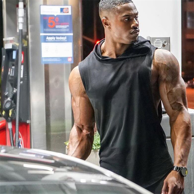 Los hombres del músculo de algodón en blanco chaleco flojo culturismo fitness deportes con capucha entrenamiento obstáculo bottoming top