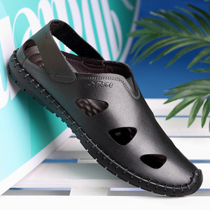 夏季新款爸爸凉鞋头层牛皮男士休闲鞋镂空两用中老年包头洞洞鞋男