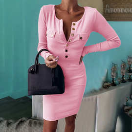 秋冬欧美新款跨境女装亚马逊 纯色圆领纽扣高腰修身长袖连衣裙