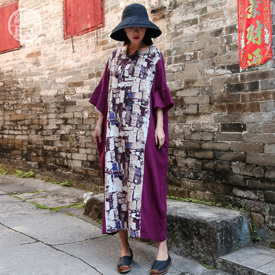 首发 2019春夏新款麻棉双绉大码印花裙 文艺复古中长款宽松连衣裙