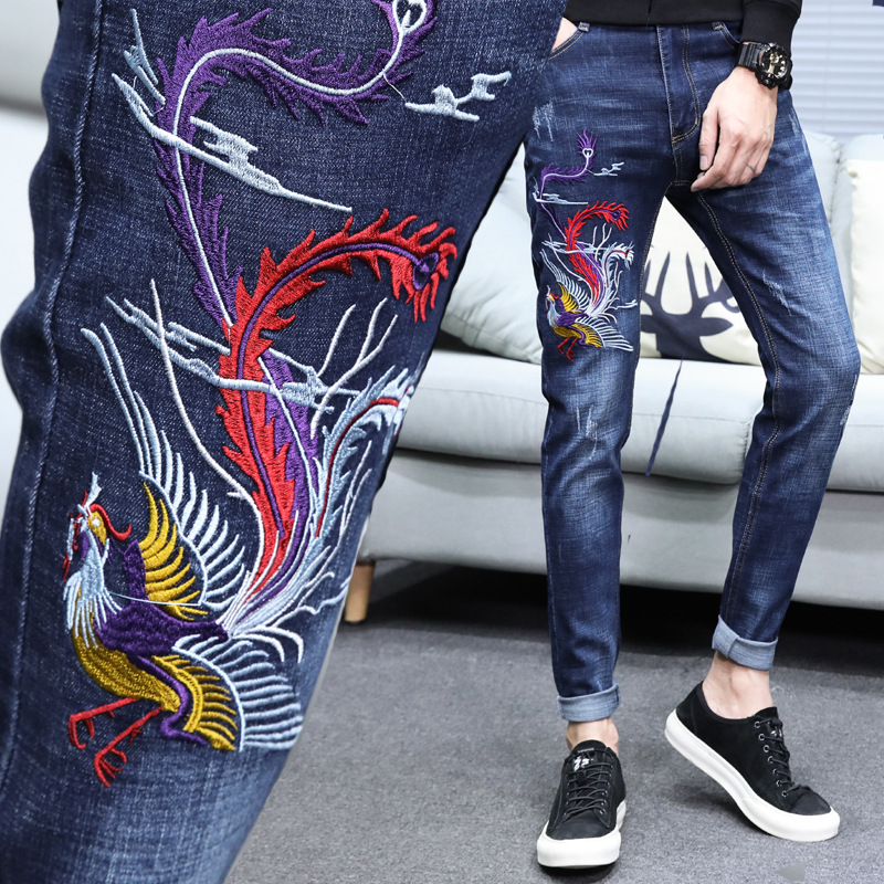 2019 Youth Feet Chinese style three-dimensional Embroidery Elastic force blue badge trousers Embroidery Men's Jeans