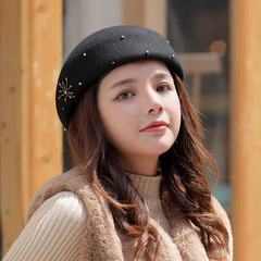 Hat Female 2021 Autumn And Winter New Temperament Leisure Flat Top Felt Cap European And American Style Fashionable Pin Patch Wool Top Hat display picture 7