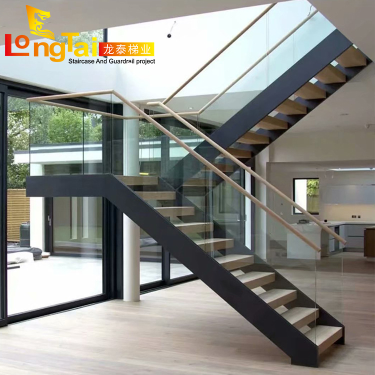 龙泰梯业供应钢木楼梯办公楼L形直梯阁楼简约钢梁厂家安全稳固