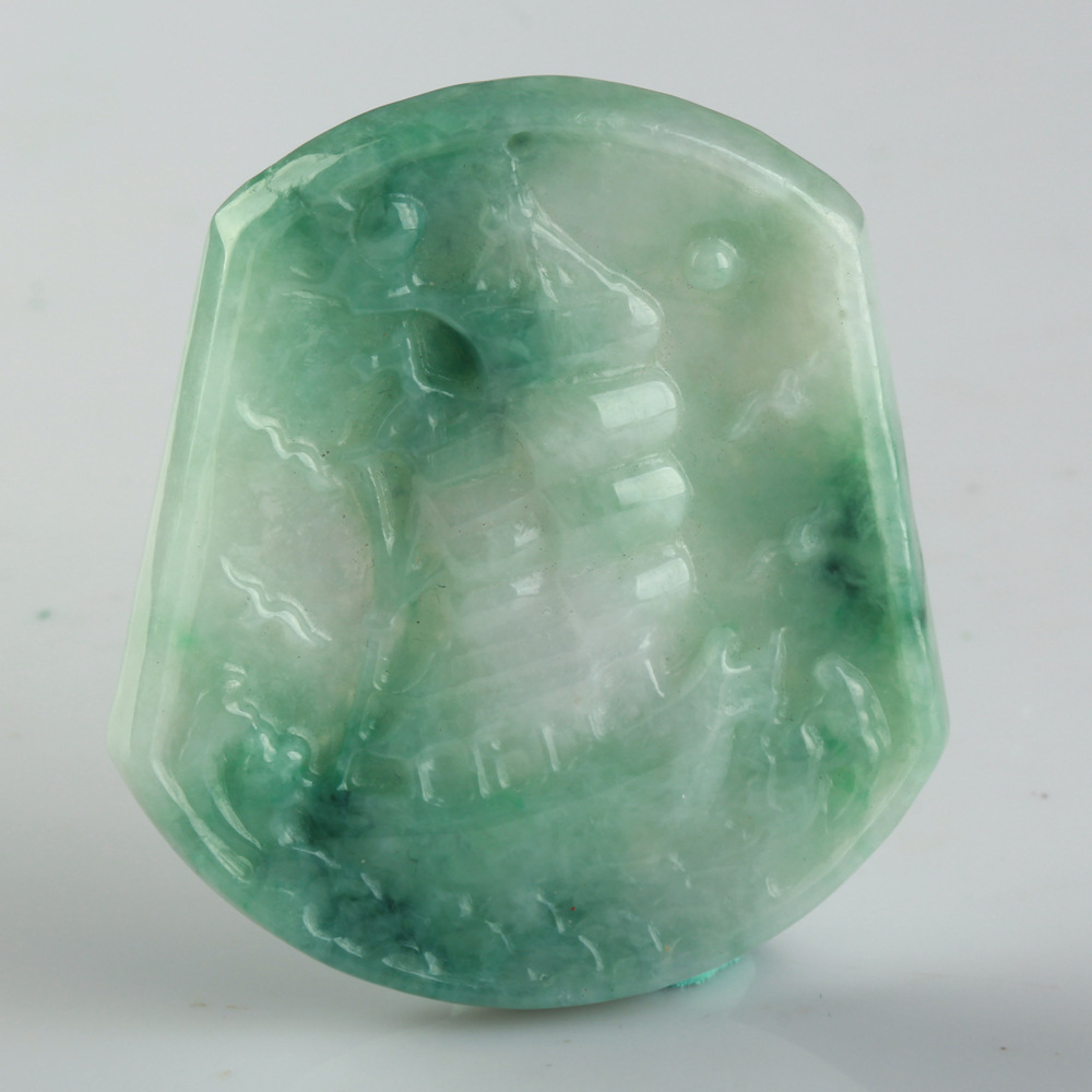 缅甸翡翠A货玉石一帆风顺吊坠 圆形一帆风顺挂件花件送证书