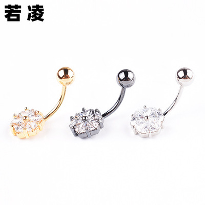 若淩專供新品歐美新款性感6锆石肚臍環鑲鑽鑲锆石肚臍釘跨境貨源
