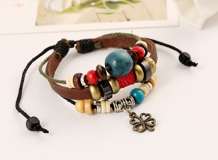 New Alloy Clover Clover Beaded Leather Bracelet