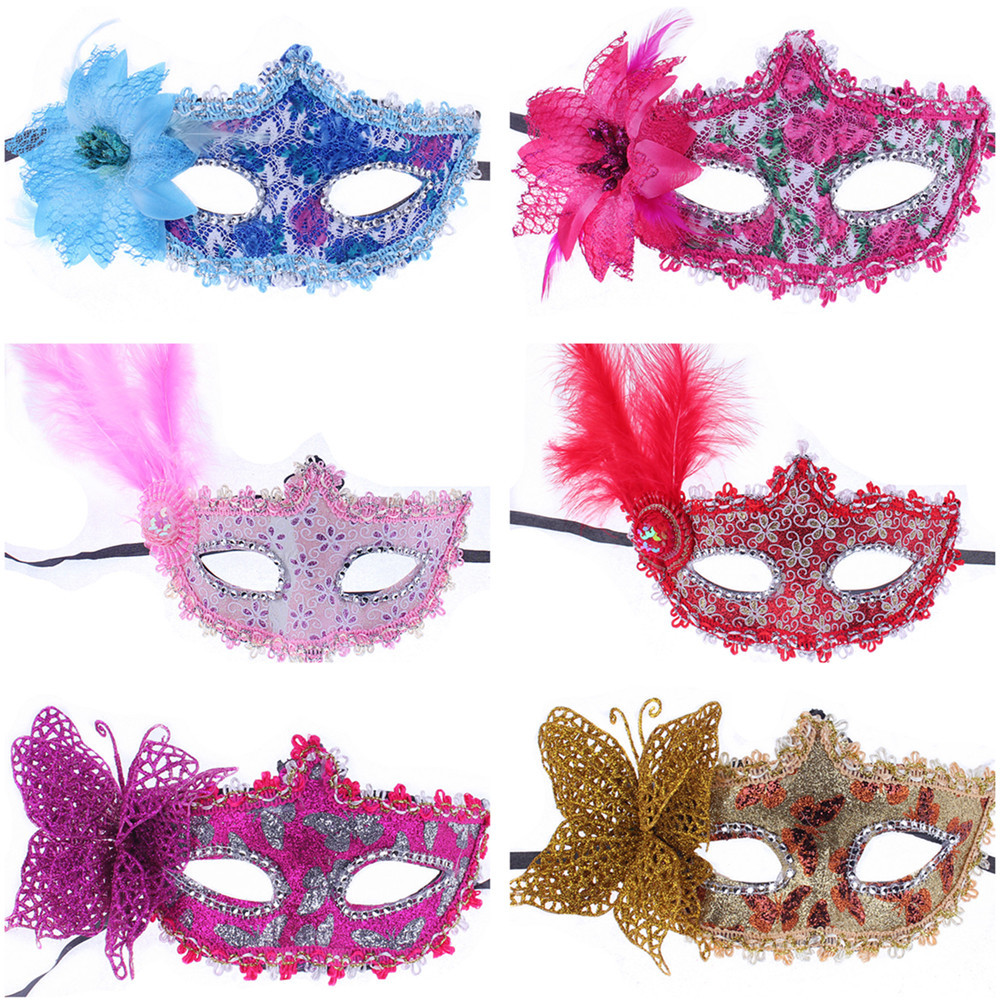 Halloween mascarada princesa máscara Venecia parche pintado máscara hombres y mujeres con Flor Mariposa pluma